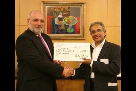 Sunand Prasad presents LandAid with a cheque for £40,000 raised on 2007 C2C ride. 